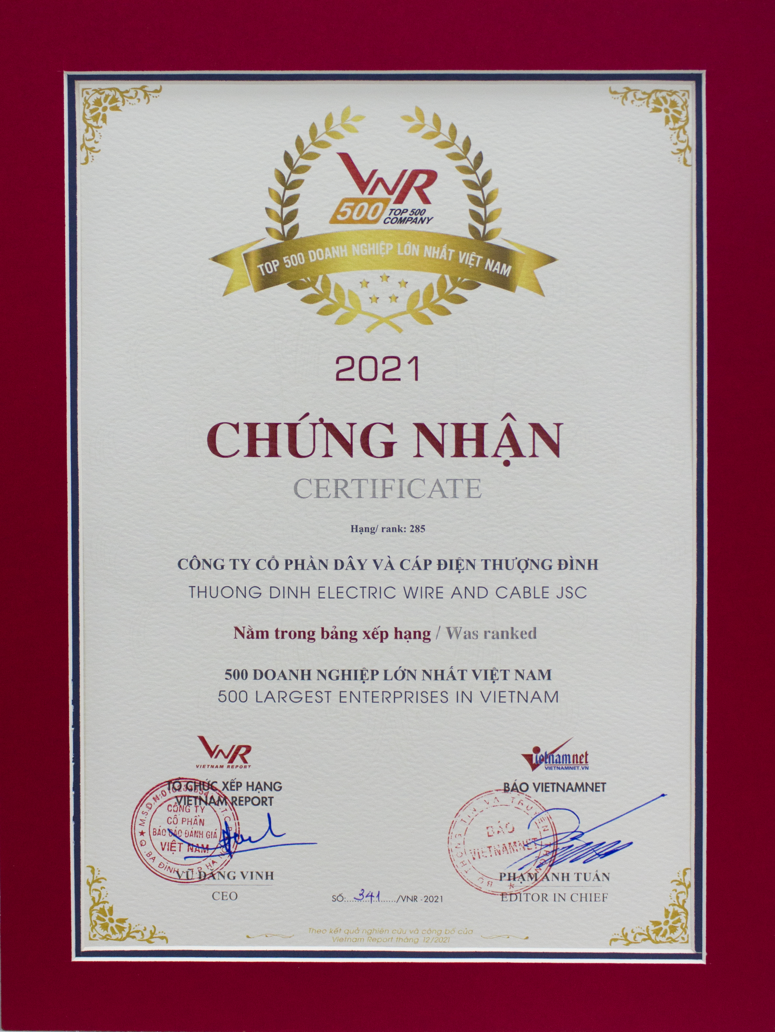 CADI-SUN được vinh danh trong TOP 500 DN lớn nhất Việt Nam năm 2021